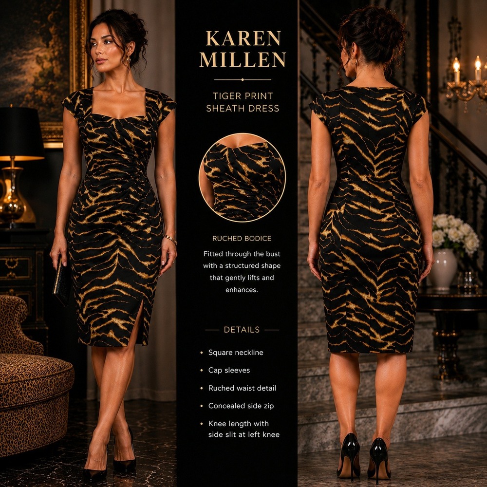 Karen Millen Tiger Print Sheath Dress US 10 UK 14 Ruched Animal Acetate Blend
